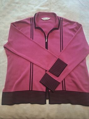 Exclusive Misook Women's Pink Zip Front Knit Cardigan Jacket Black Trim Size XL